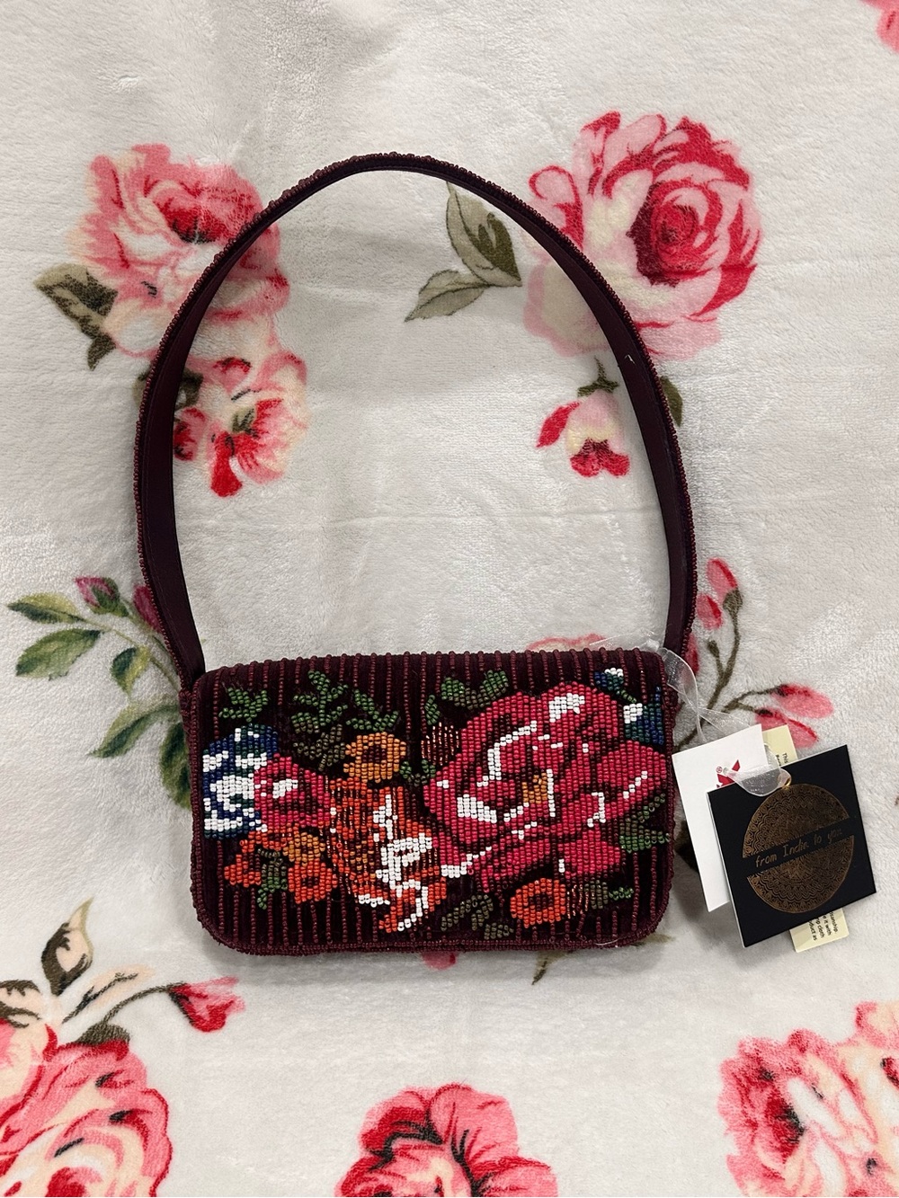 Beaded Floral Maroon Stripe Shoulder Bag